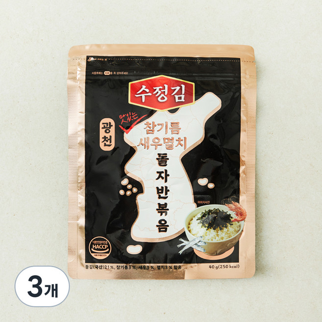수정김 광천 맛있는 참기름 새우멸치 돌자반볶음, 3개, 40g