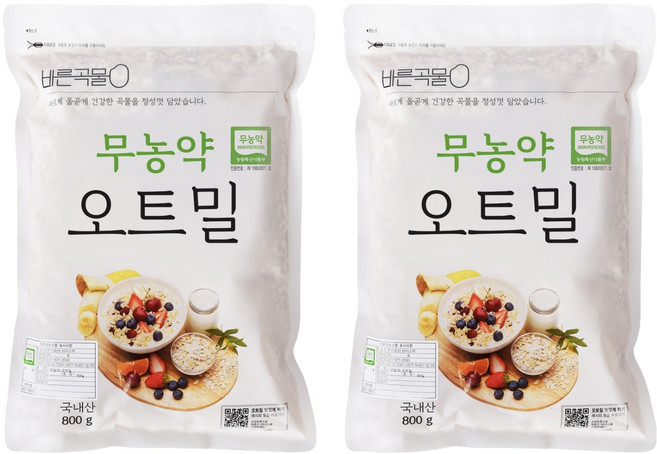 바른곡물 국내산 무농약 오트밀, 800g, 2개