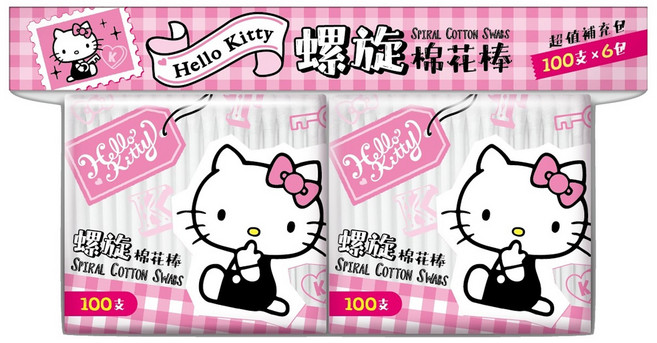 Hello Kitty 凱蒂貓 螺旋塑軸棉花棒 塑軸 純棉雙頭, 100支, 6袋