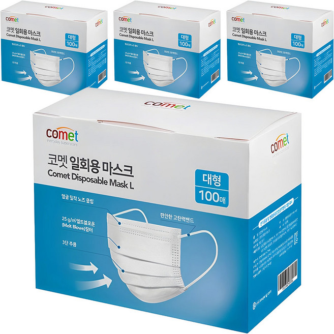 코멧 쉽게 뽑아쓰는 일회용 마스크 대형, 100개입, 4개, 화이트