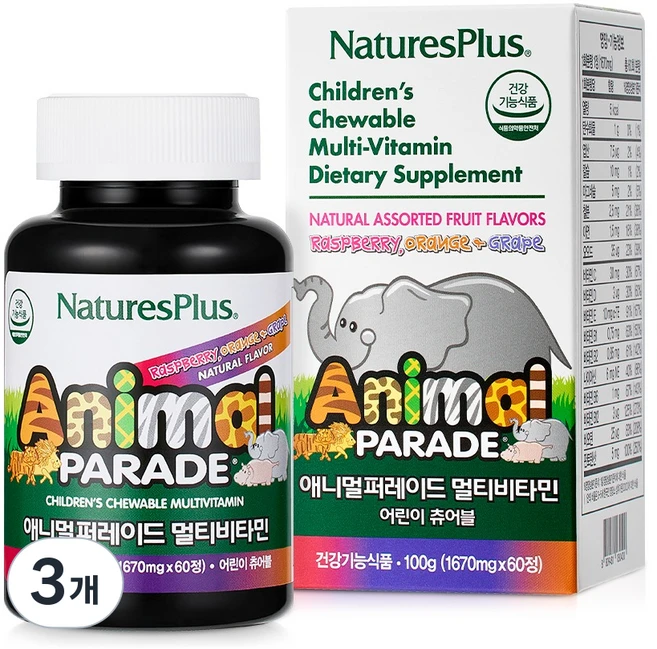 네이처스플러스 아동용 애니멀퍼레이드 멀티비타민 츄어블 100g, 60정, 3개 - 쿠팡