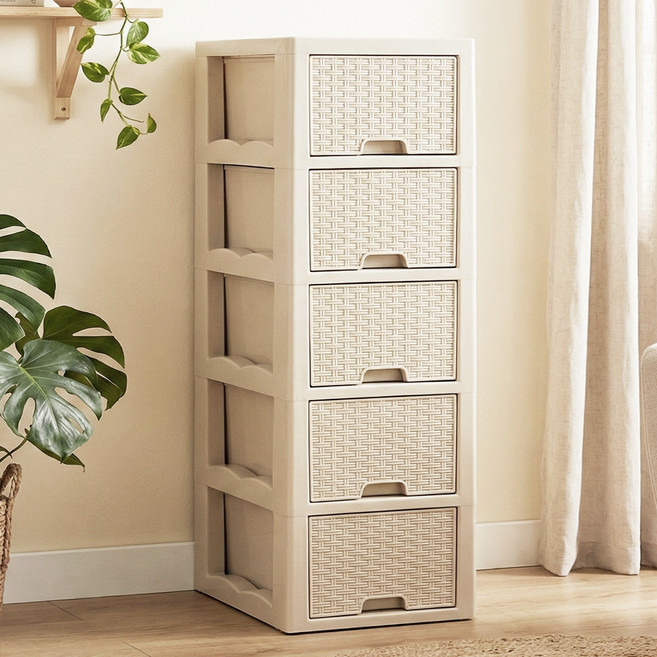 라탄 슬림 서랍장, 5단, 베이지