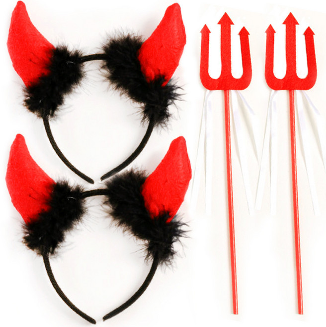 악마 뿔 머리띠 + 삼지창 세트, 혼합색상, 1세트