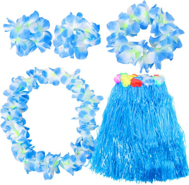 하와이안 훌라스커트 + 목걸이 + 화관 + 팔찌 2p 세트, 블루, 1세트