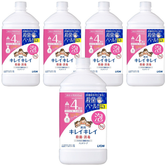LION 獅王 趣淨 泡沫洗手慕斯補充瓶 柑橘香, 800ml, 5瓶