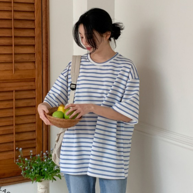 라라온 여성용 스트라이프 루즈핏 반팔 티셔츠 TSP2319