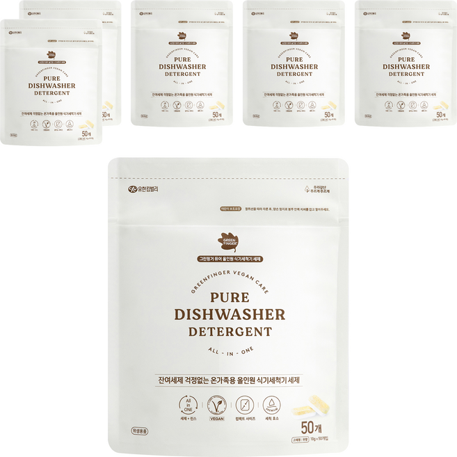 그린핑거 퓨어 올인원 식기세척기 세제 50p, 500g, 6개