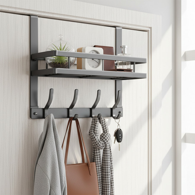 마메 무타공 선반 도어 행거 문걸이 후크 4구, 그레이, 1개