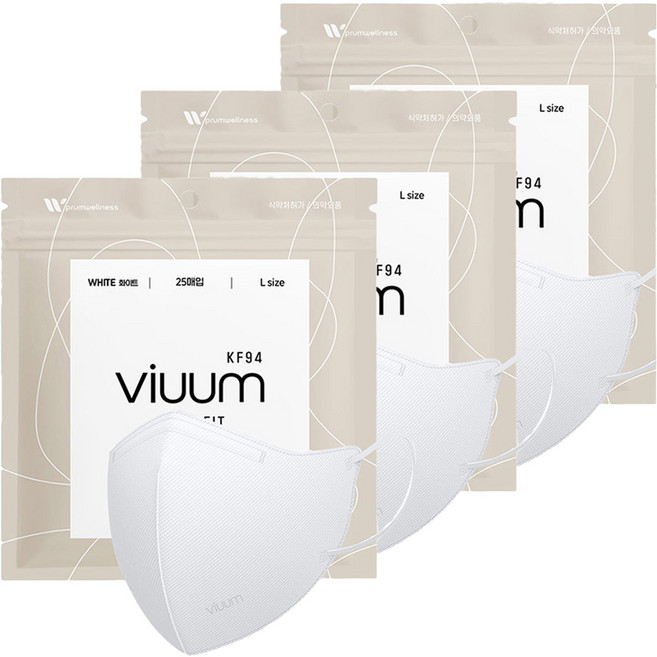 viuum 푸름웰니스 라이트핏 새부리형 마스크 대형 KF94, 25개입, 3개, 화이트