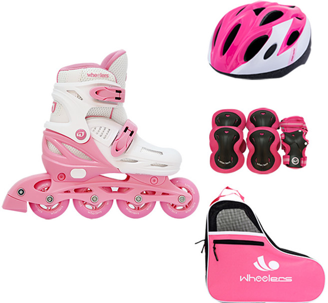 휠러스 아동용 에이스2 인라인 스케이트 + 가방 + 보호대 + 헬멧 콤보 세트, 핑크, 1세트