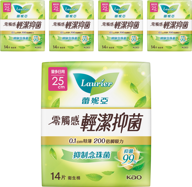 Laurier 蕾妮亞 台灣公司貨 零觸感特薄輕潔抑菌衛生棉, 量多日用型 25cm, 14片, 5包