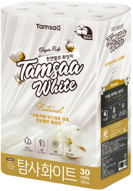 TAMSAA White系列 三層捲筒衛生紙, 30m, 30捲, 1袋