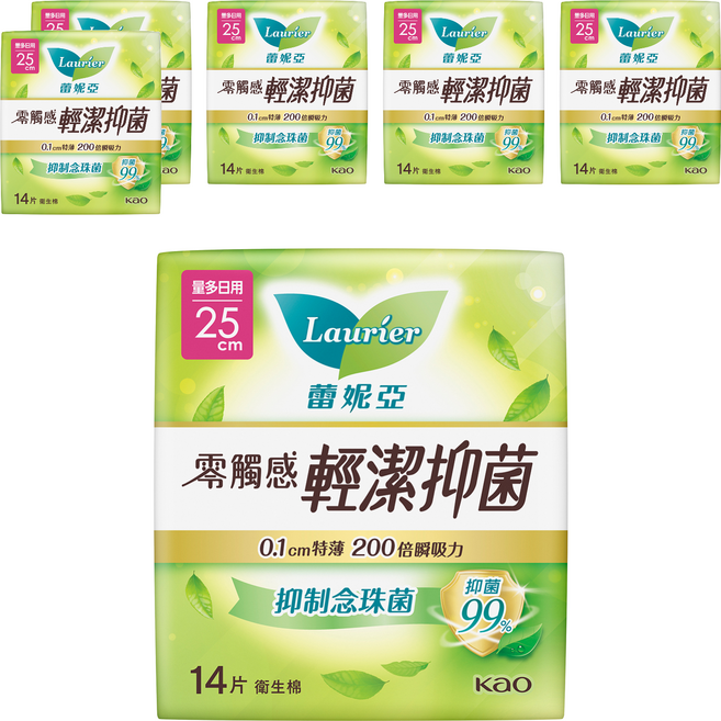 Laurier 蕾妮亞 台灣公司貨 零觸感特薄輕潔抑菌衛生棉, 量多日用型 25cm, 14片, 6包
