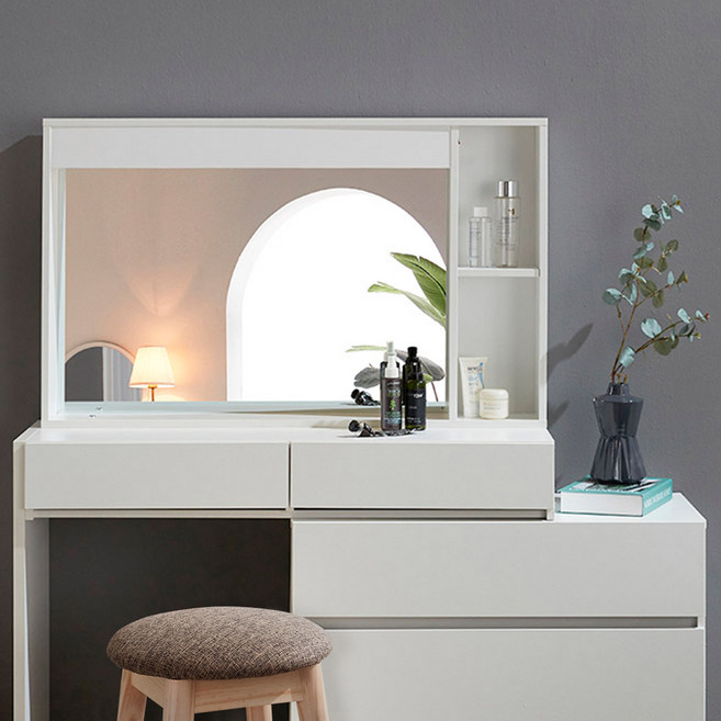 파로마 클레오 풀세트 익스텐션 LED 화장대 + 원목 스툴 세트 방문설치, 화이트(화장대), 트위트브라운(스툴)