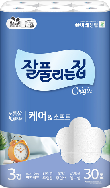 잘풀리는집 케어 앤 소프트 천연펄프 3겹 롤화장지, 27m, 30롤, 1개