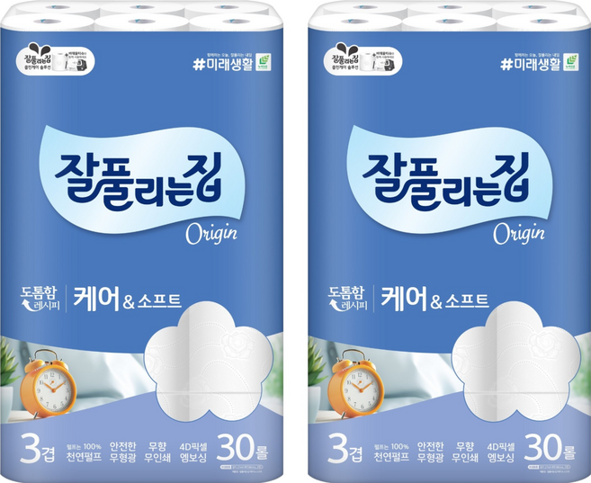 잘풀리는집 케어 앤 소프트 천연펄프 3겹 롤화장지, 27m, 30개입, 2개