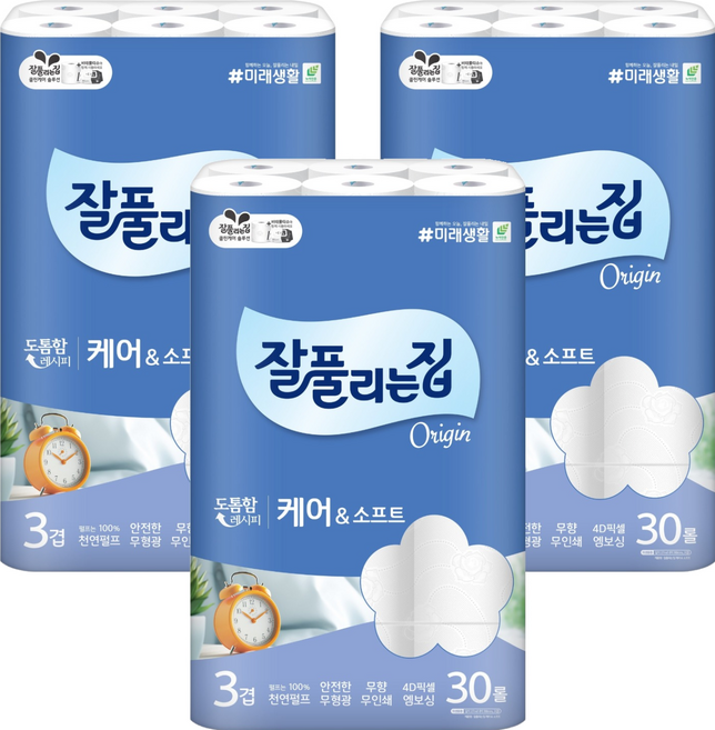 잘풀리는집 케어 앤 소프트 천연펄프 3겹 롤화장지, 27m, 30롤, 3개