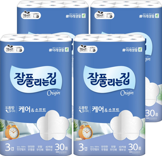 잘풀리는집 케어 앤 소프트 천연펄프 3겹 고급롤화장지, 27m, 30개입, 4개