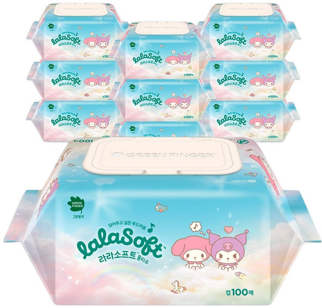 그린핑거 라라소프트 아기물티슈 산리오 캡형, 55g, 100매, 8개