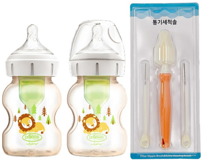 닥터브라운 옵션스 플러스 데코 와이드넥 PPSU 젖병 150ml 2p + 통기시스템 전용솔 세트, 브라운, 1세트