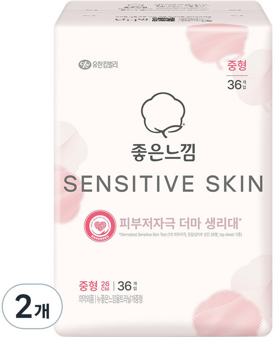 좋은느낌 센서티브스킨 생리대 날개형, 중형, 36개입, 2개