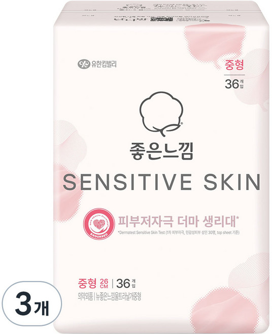 좋은느낌 센서티브스킨 생리대 날개형, 중형, 36개입, 3개