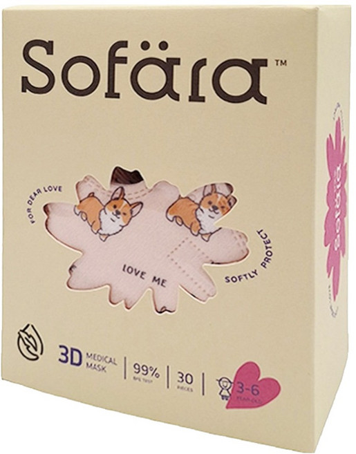 Sofara 舒芙氧 幼童3D空氣口罩 10.5 x 9.5 + 5cm, 短腿柯基, 30片, 1盒
