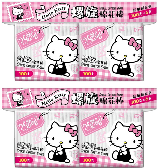 Hello Kitty 凱蒂貓 螺旋塑軸棉花棒 塑軸 純棉雙頭, 100支, 12袋