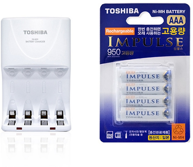 도시바 니켈수소배터리 전용충전기 TNHC-VKR + 임펄스 고용량 AAA 충전지 4p, 1세트