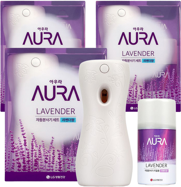 아우라 자동분사기 방향제 본품 + 리필 세트, 280ml, 3세트, 라벤더향