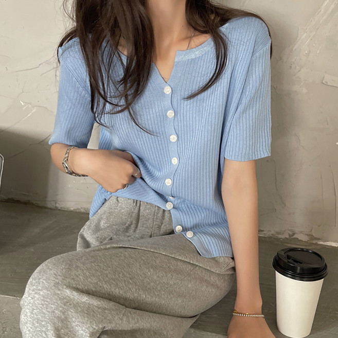 TANIZ 女款Amon開領粉彩羅紋短袖針織外套