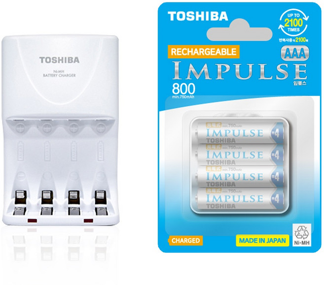 도시바 니켈수소 배터리 전용 충전기 TNHC-VKR + 임펄스 AAA 충전지 4p, 1세트