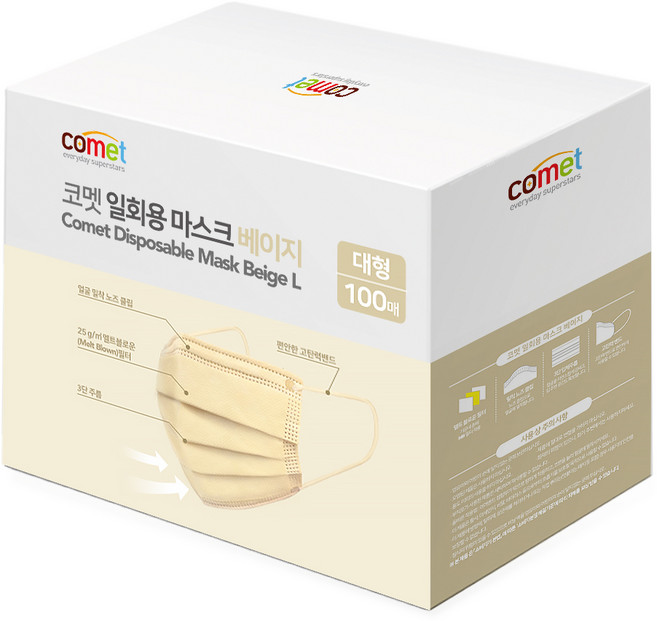 코멧 쉽게 뽑아쓰는 일회용 마스크 대형, 100개입, 1개, 베이지