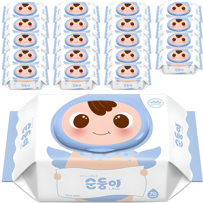 순둥이 오리지널 플러스 엘블루 아기물티슈 캡형, 75g, 70매, 20세트