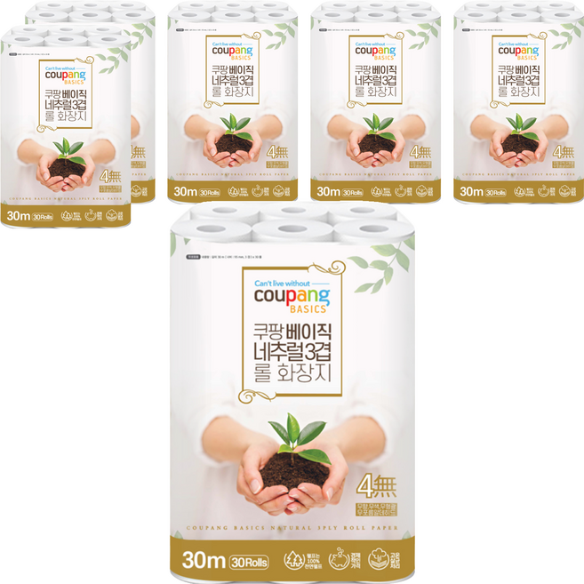 Coupang Basics 基本款三層捲筒衛生紙, 30m, 30捲, 6袋