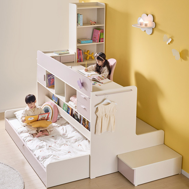 꿈꾸는요셉 NEW 엘리벙커 책상 침대 C세트 방문설치, 크림(프레임), 라벤더캔디(포인트)