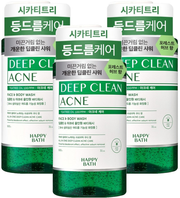 해피바스 딥클린 티트리 아크네 케어 올인원 바디워시 아로마틱 우디 향, 900g, 3개