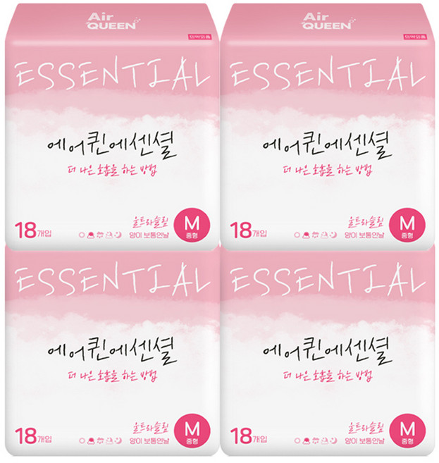 에어퀸 에센셜 울트라슬림 생리대 날개형, 중형, 18개입, 4개