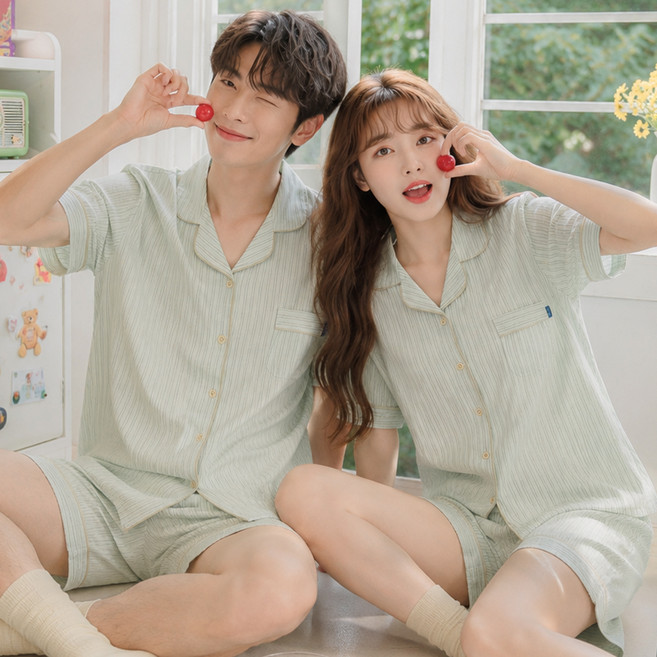 파란 커플용 시원한 모먼트 요루면 스트라이프 잠옷 반팔 상의 하의