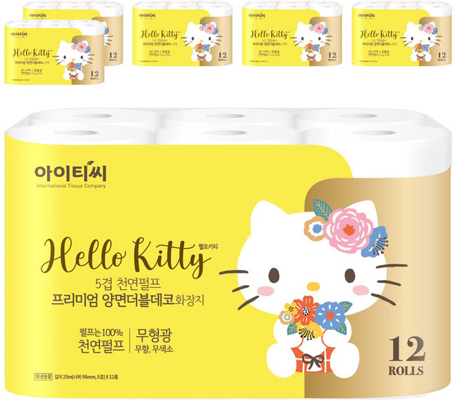 ITC 헬로키티 5겹 펄프 프리미엄 양면더블데코 롤화장지, 25m, 12개입, 6개