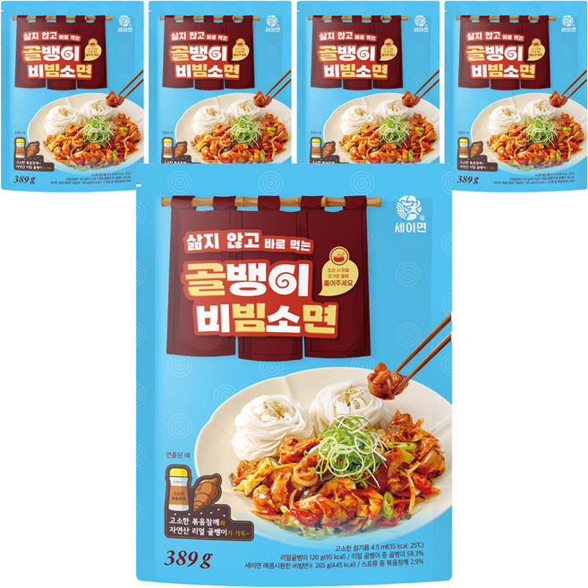 세이면 키다리식품 세이면 삶지 않고 바로 먹는 골뱅이 비빔소면, 389g, 5개