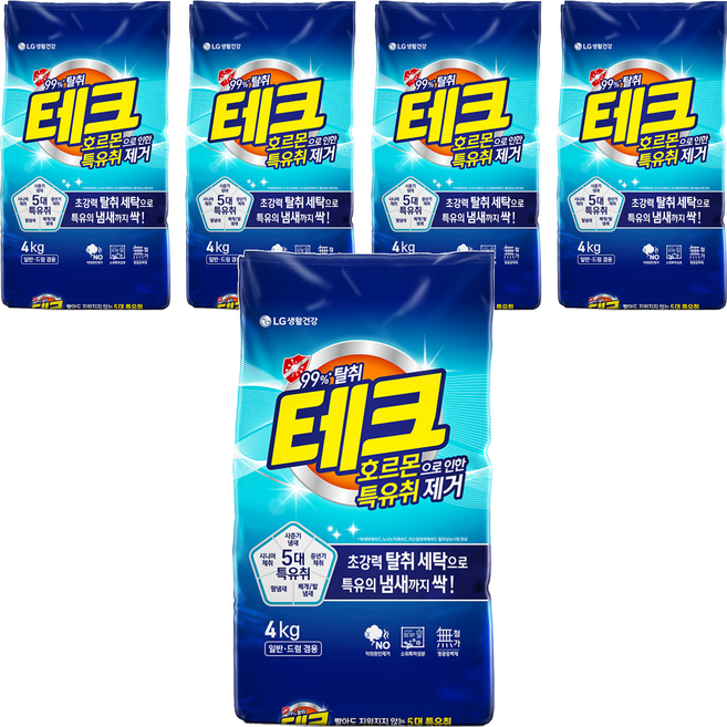 테크 호르몬으로 인한 특유취 제거 분말세제 리필, 4kg, 5개