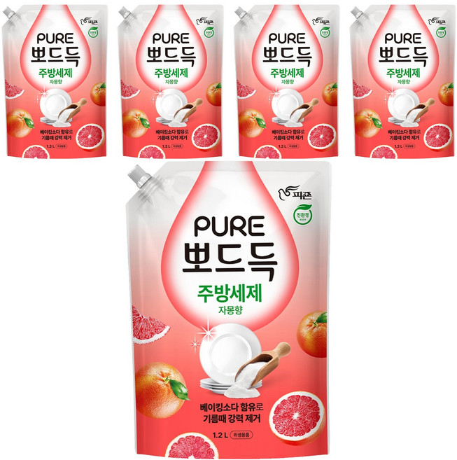 피죤 퓨어 뽀드득 주방세제 자몽향, 5개, 1.2L