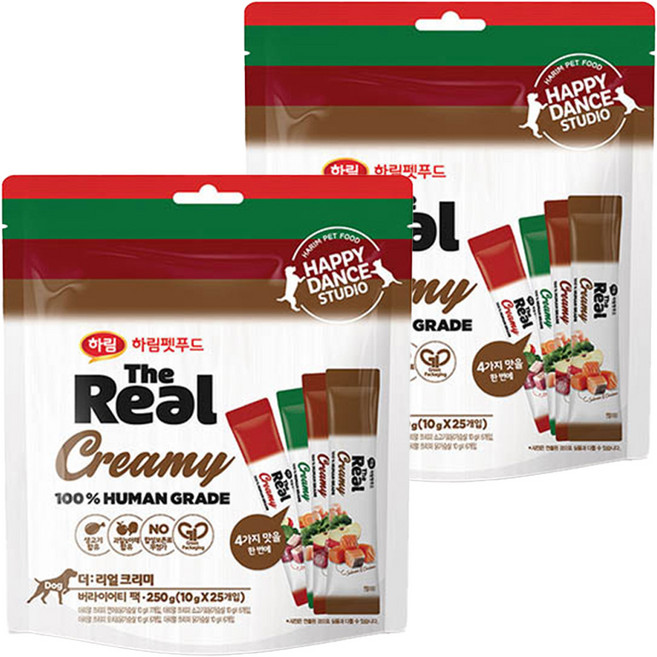 하림펫푸드 강아지 더리얼 크리미 파우치 버라이어티팩 10g x 25p, 혼합맛(연어/닭가슴살/오리/소고기), 250g, 2개