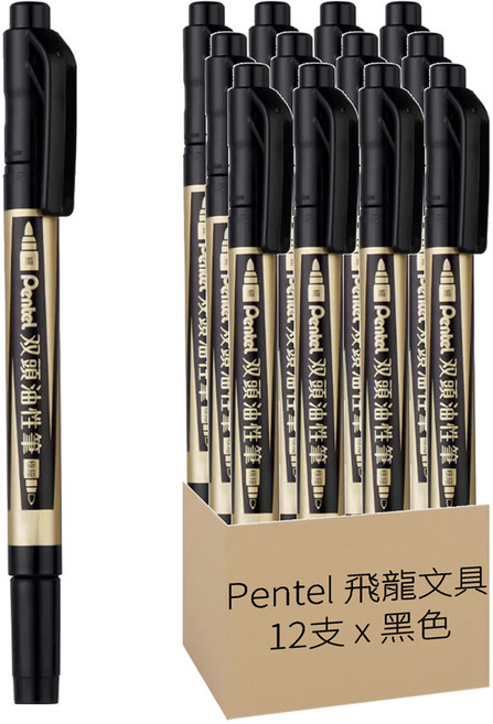 Pentel 飛龍文具 雙頭油性筆, 黑色, 12支