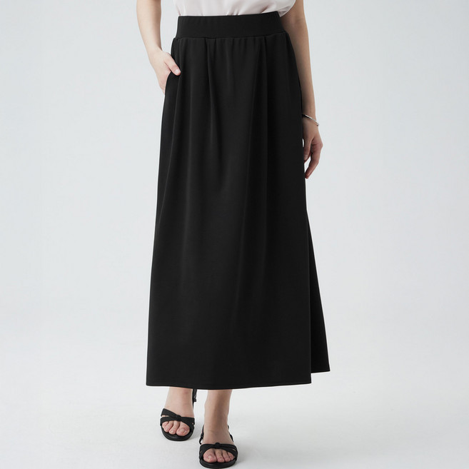 ELLEPARIS 여성용 스트레치 크레이프 핀턱 플레어 밴딩 스커트