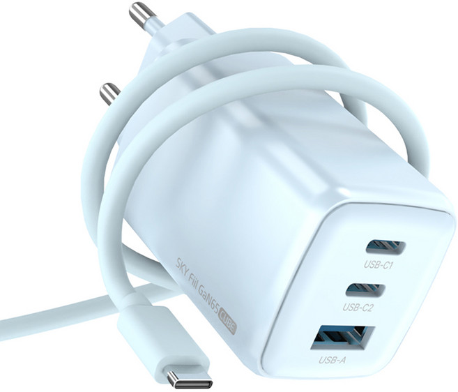 SKY 필 GaN 65W 큐브 4세대 초미니 3포트 충전기 + C to C 60W 케이블 1.2m 세트, 블루, 1세트