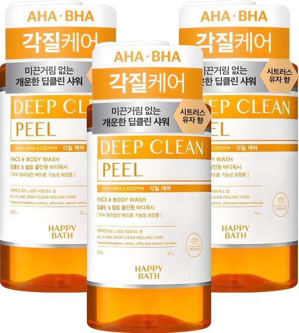 해피바스 딥클린 아하바하 각질케어 올인원 바디워시 시트러스 유자 향, 900g, 3개