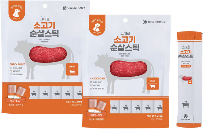 골드로니 반려동물 그대로 순살스틱 간식 30p, 소고기, 240g, 2개
