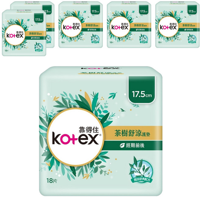 Kotex 靠得住 茶樹舒涼護墊 經期前後, 17.5cm, 18片, 6包